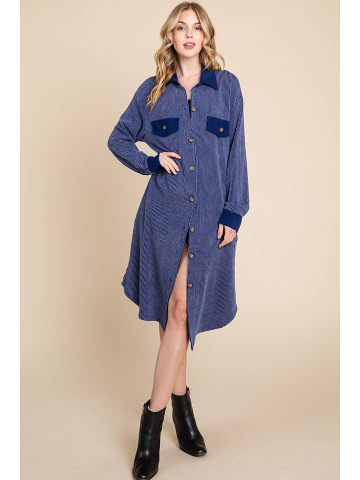 Navy Blue ETK-8869 Solid Urban Rib Long Shacket for wholesale on Faire