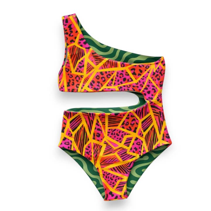 Costume da bagno reversibile per bambini con una spalla – Neon Jungle / Trippy per la vendita all'ingrosso da parte di Best Day Ever Kids