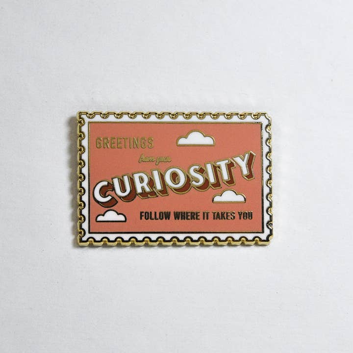 Curiosity Stamp Enamel Pin for wholesale by Yours Truly, Mary Anne