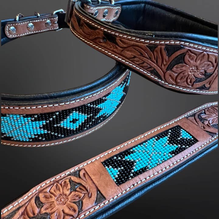 Westrian (Formerly Equipage) - Wholesale Pet Collar - Dog - Western Leather Turquoise Black Beaded Bling Dog Collar