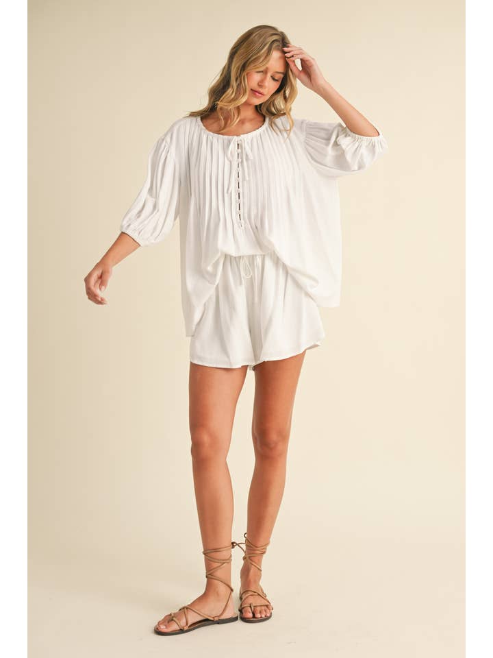 Klesis - Wholesale Top & Short Set (NOT Loungewear) - Women's - IST5779-B PIN TUCK BALLOON SLEEVE TUNIC TOP AND SHORTS SET