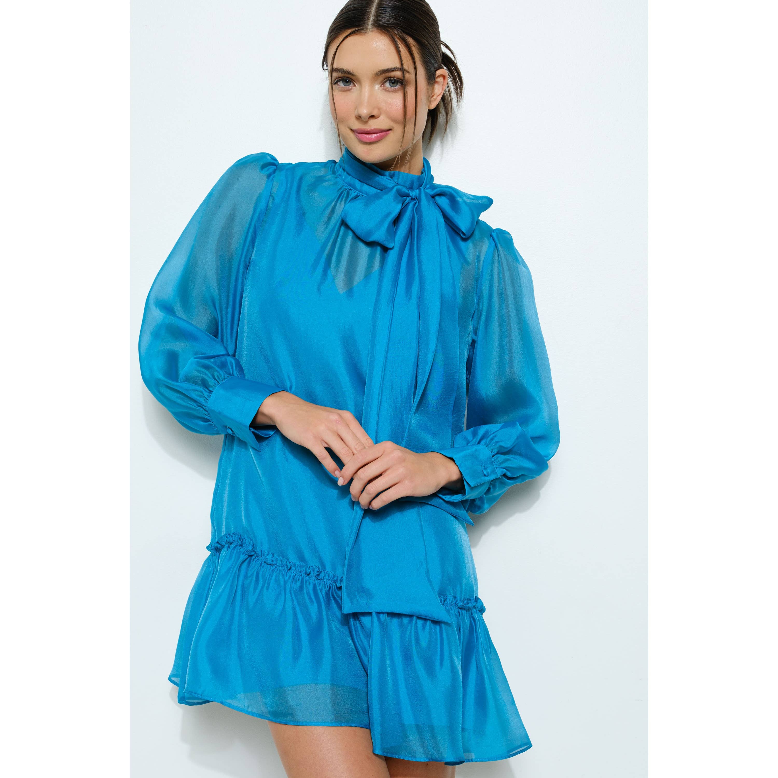 INA – Vestido - Mulher por atacado – Vestido Mini de Chiffon Pastel com Laço Transparente0