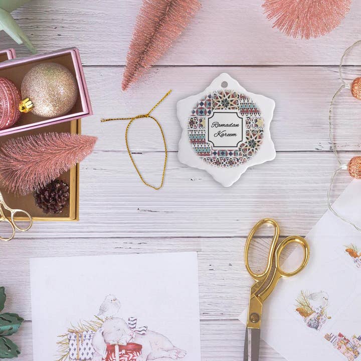 3dRose - Wholesale Ornament - 3dRose, Ramadan Kareem - Blessed Happy Eid Wish - Red Mint Turquoise Mosaic, Ornament12