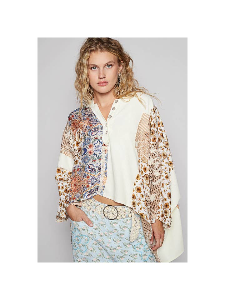 Pol Clothing - Wholesale Knit Top - Women's - Oversize long thermal crochet contrast patch top SALE