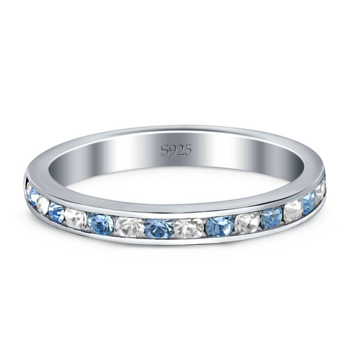 Full Eternity Stackable Round Aquamarine CZ Wedding Engagement Band for wholesale by Blue Apple Imports