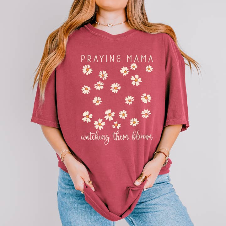 Scripted Pearl - Wholesale Screen Printed T-Shirt - Women's - Praying Mama Watching Them Bloom Daisies Comfort Colors Tee16