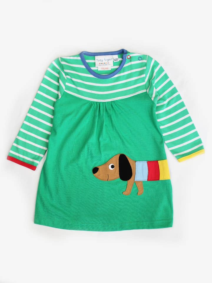 Langærmet jersey kjole til børn i økologisk bomuld med gravhund-applikation for engroshandel hos Toby Tiger GmbH