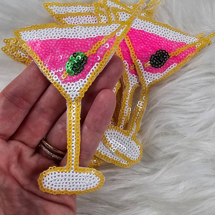 Scratch Decor - Wholesale Patch - Sequin Pink Martini with Olive Embroidery Iron On Patch