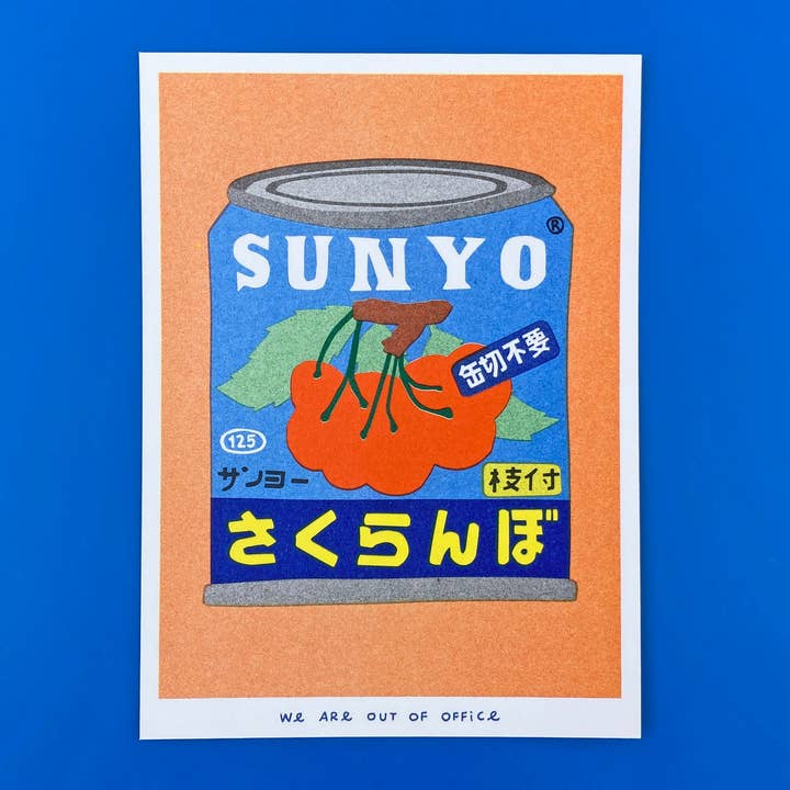 A risograph print of a canned cherries for wholesale by We are out of office