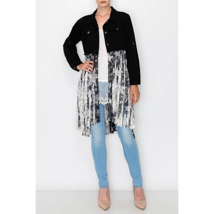 VESTE EN JEAN COURTE AVEC COUCHE DE DENTELLE-4510 BK/BK STAR pour la vente par Origami Apparel ~ Lace and Crochet inspired