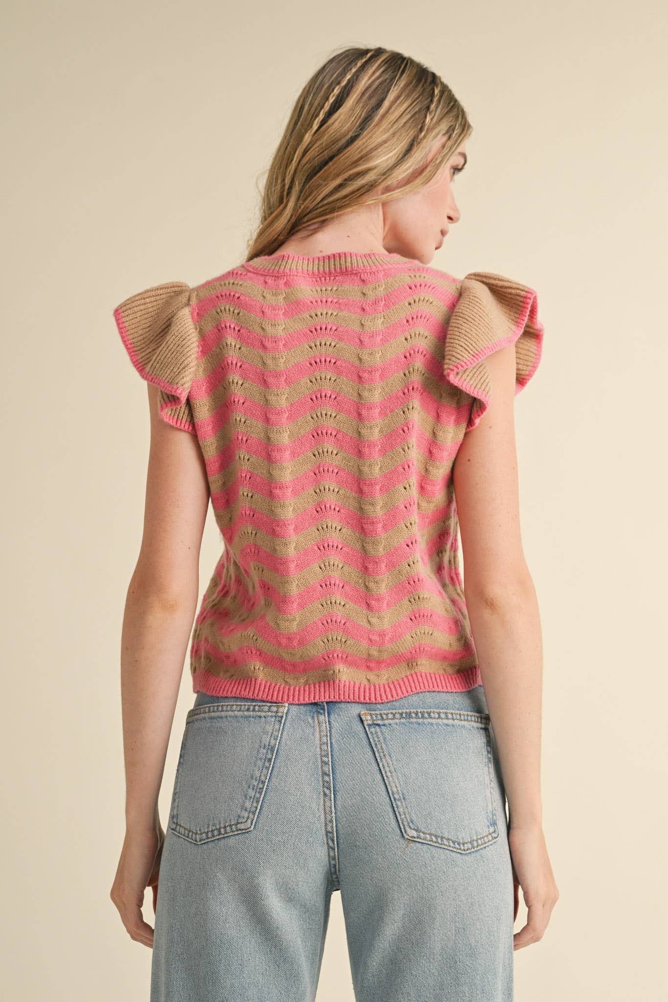 &MERCI - Wholesale Knit Sweater - Women's - WAVY STRIPES FLUTTER SLEEVE SWEATER TOP MSW1050966