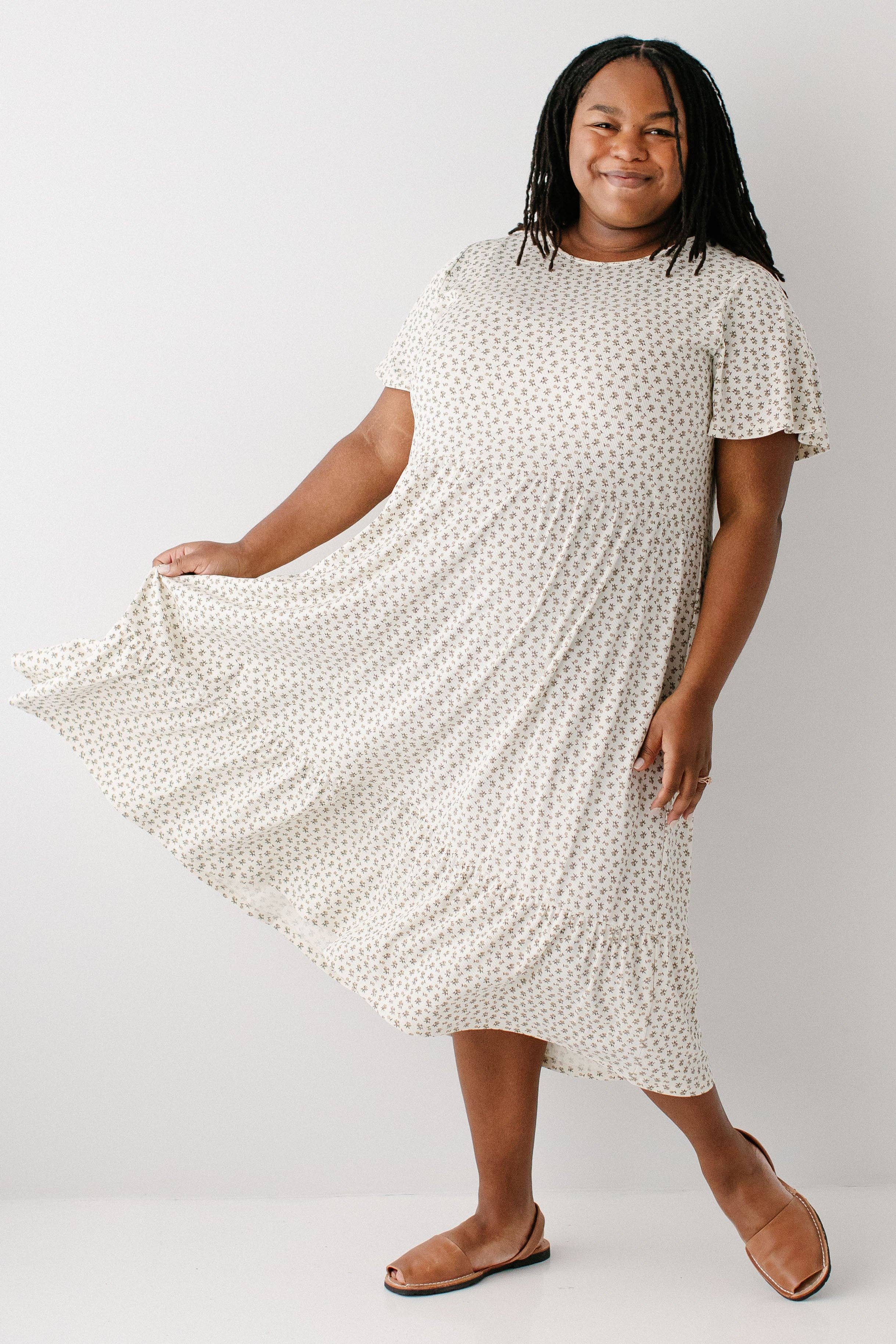 Ivory 'Shiloh' Ditsy Floral Ribbed Midi Dress for wholesale on Faire11