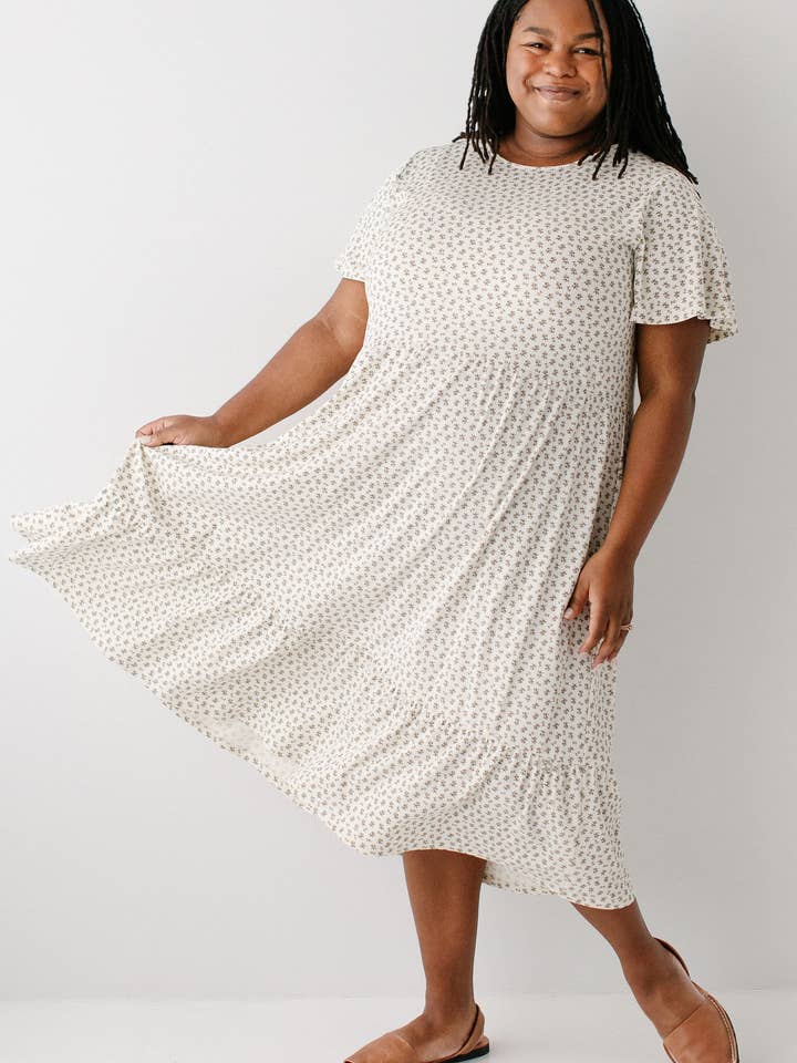 Ivory 'Shiloh' Ditsy Floral Ribbed Midi Dress for wholesale on Faire11