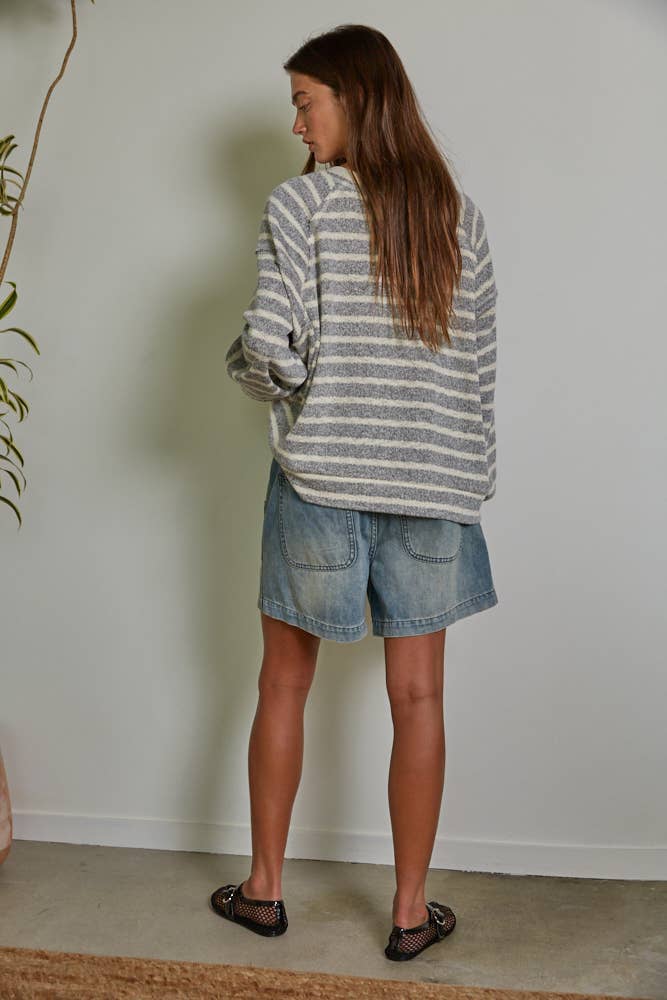 Cream Grey RJ3411 | Knit Striped Long Sleeve Pullover Top for wholesale on Faire2