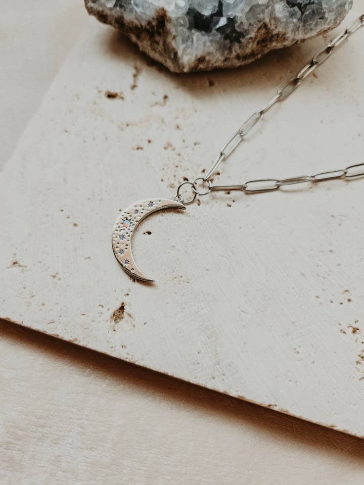 Silver Opal Moon Necklace for wholesale by Lotus & Lace Designs