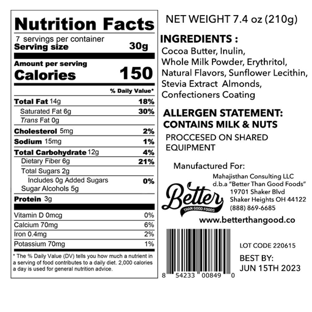 Better Than Good Foods – Engroshandel Chokoladeovertrukket slik – BTG Ketovenlige mandler med hvid chokolade (170 g pose)1