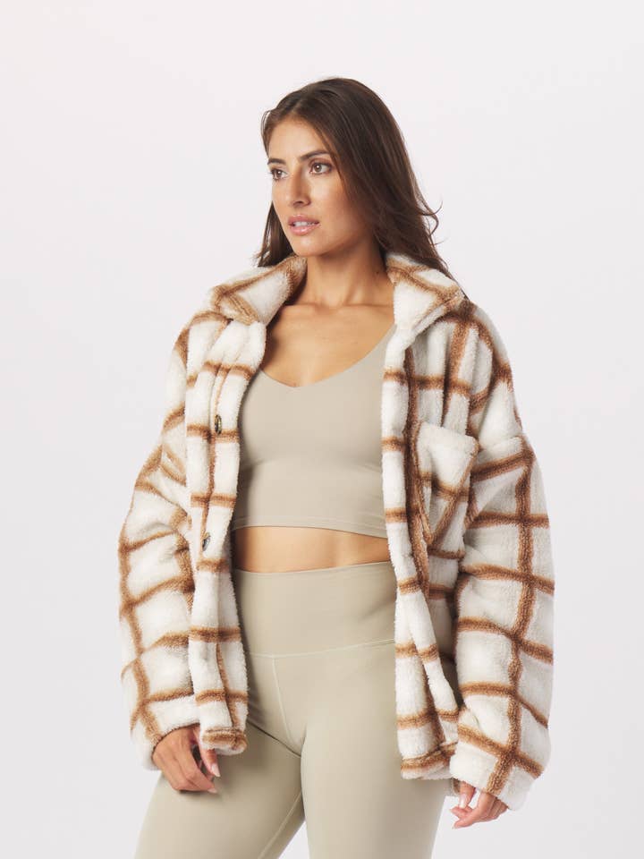 Show-Stopping Shacket:Oatmilk/Almond Jackson Plaid for wholesale by Glyder