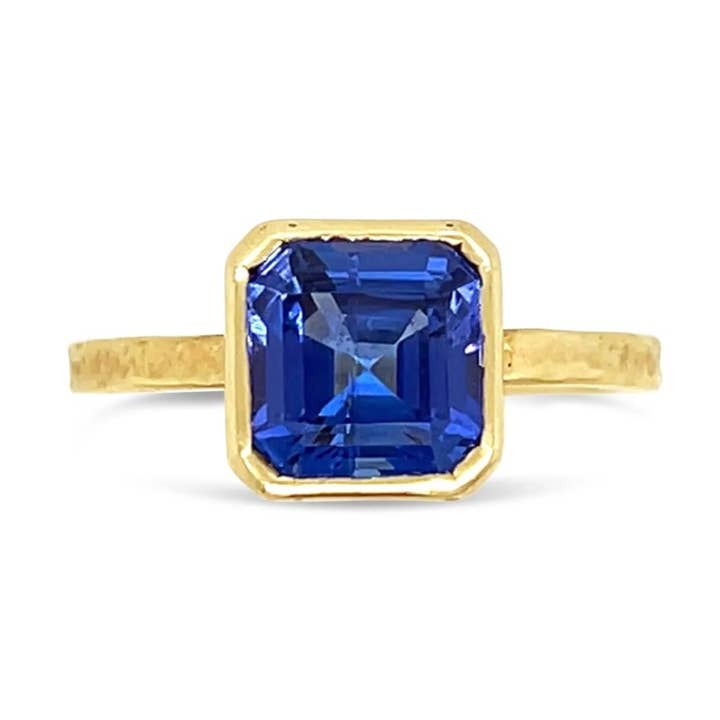 Tanzanite Asscher cut ring in 14k yellow gold for wholesale by Emily Amey Jewelry