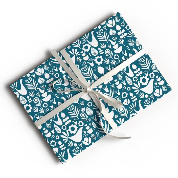 Juniper Blue - Wholesale Wrapping Paper Roll - Scandi Folk Teal Gift Wrap // Glossy1