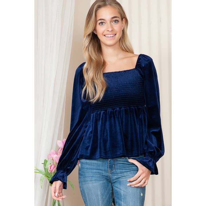 Reborn J - Wholesale Blouse - Women's - SMOCKING PUFF SLEEVE CRUSHED VELVET TOP