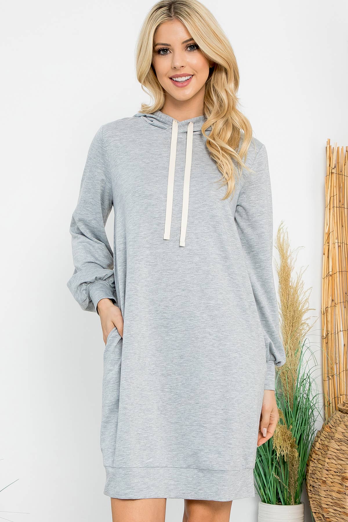 You & Me - Wholesale Dress - Women's - YMD10061V-FRENCH TERRY LONG PUFF SLEEVE HOODIE DRESS35
