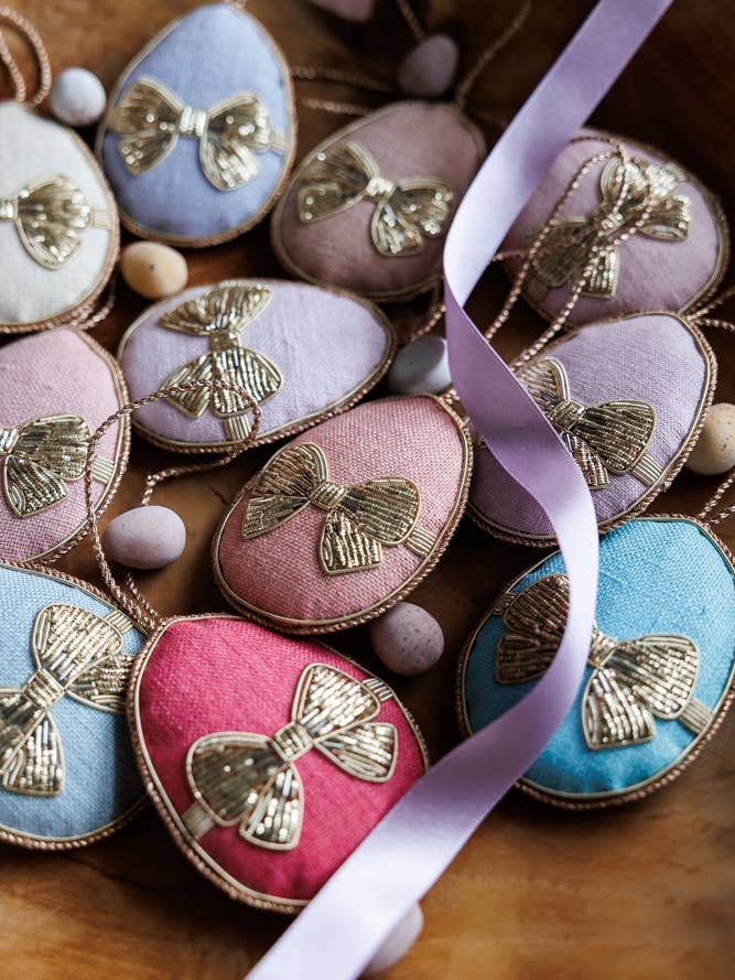 (10 pcs) Handmade Easter Bow Egg Linen Spring Ornament Tree for wholesale by Katie Larmour Linen