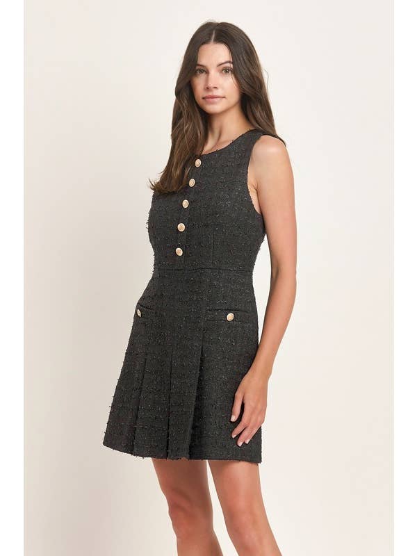 Black Sleeveless Tweed Pleated Mini Dress for wholesale on Faire5