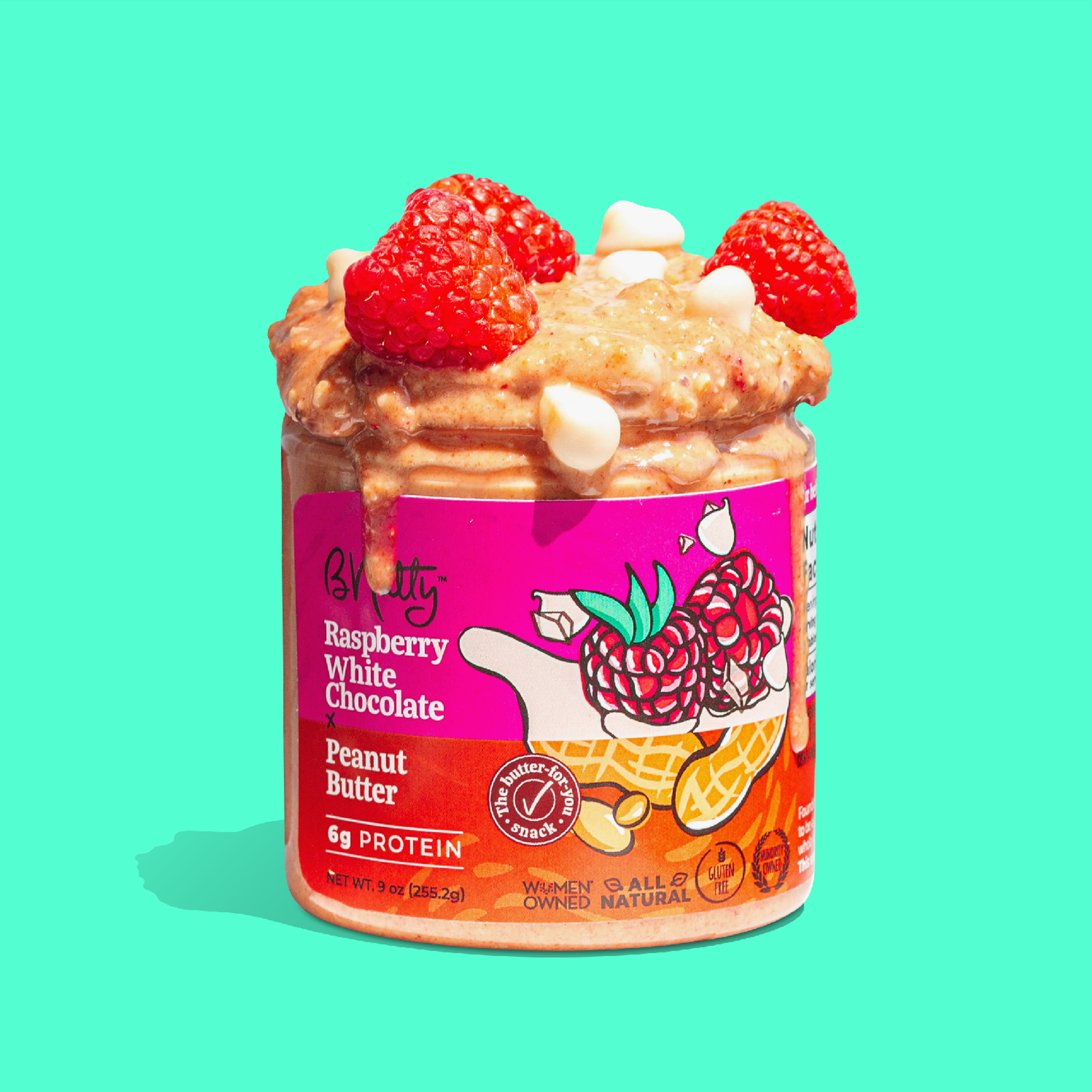 BNutty Peanut Butter – Engroshandel Nøddesmør – BNutty Peanut Butter hindbær og hvid chokolade - kasse med 6 stk. á 255 g1