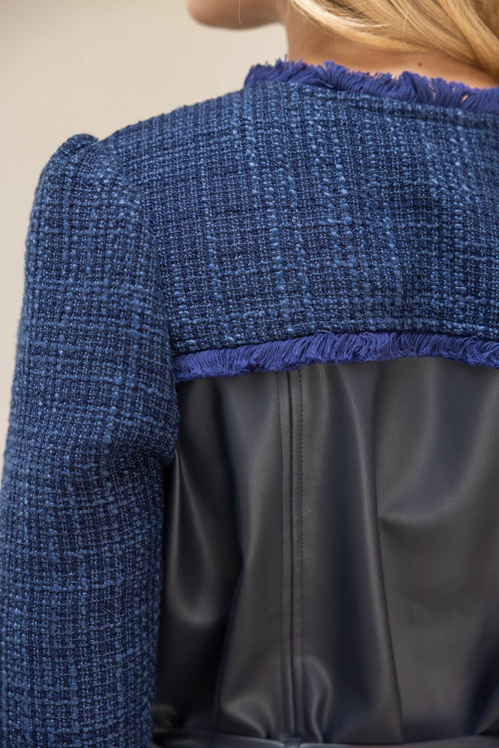 Navy 35949 Belted Solid Tweed and Faux Leather Jacket for wholesale on Faire7