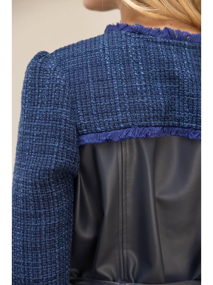 Navy 35949 Belted Solid Tweed and Faux Leather Jacket for wholesale on Faire7