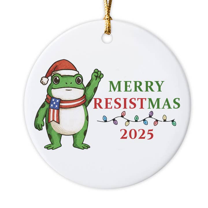 Merry Resistmas Frog Ceramic Ornament 2025 for wholesale by Embrova