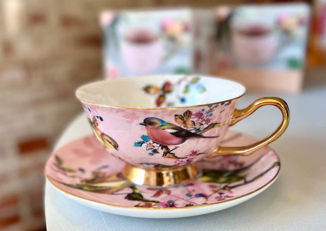 All Little Cute Things - Wholesale Tea Set - Blush Pink and Gold with Birds Teacup and Saucer1