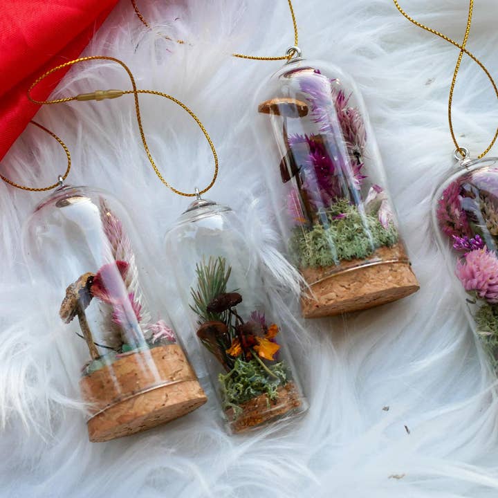 Remedy Designs - Wholesale Ornament - Mushroom terrarium, dried mushroom cloche, real flower decor, woodland christmas1