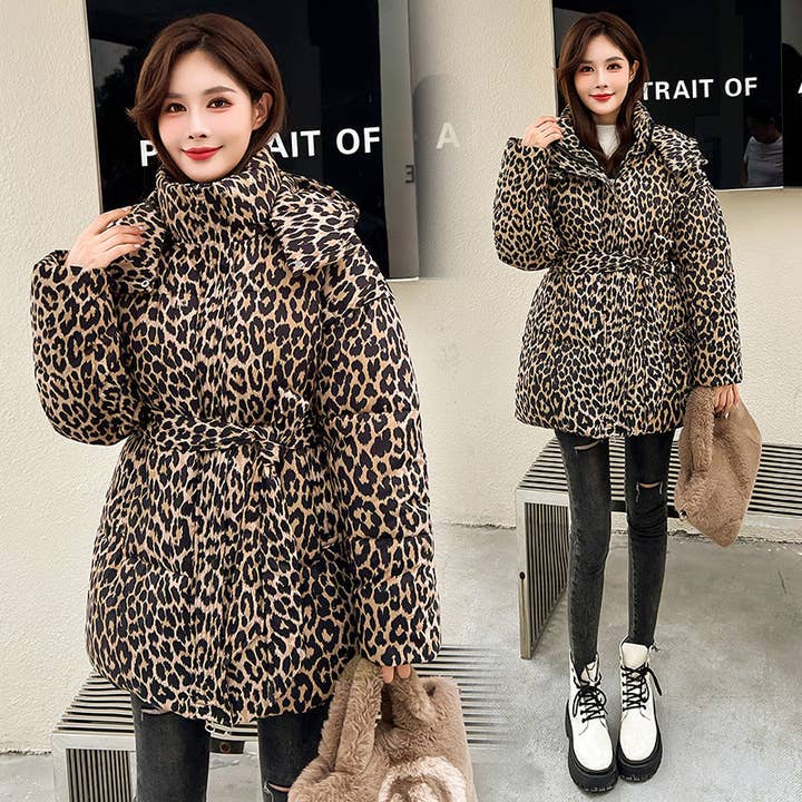Women Mid-Length Winter Thickened Down Coat Cotton-Padded Lace-Up Leopard Chic Coat for wholesale by SALINA TRADING INC
