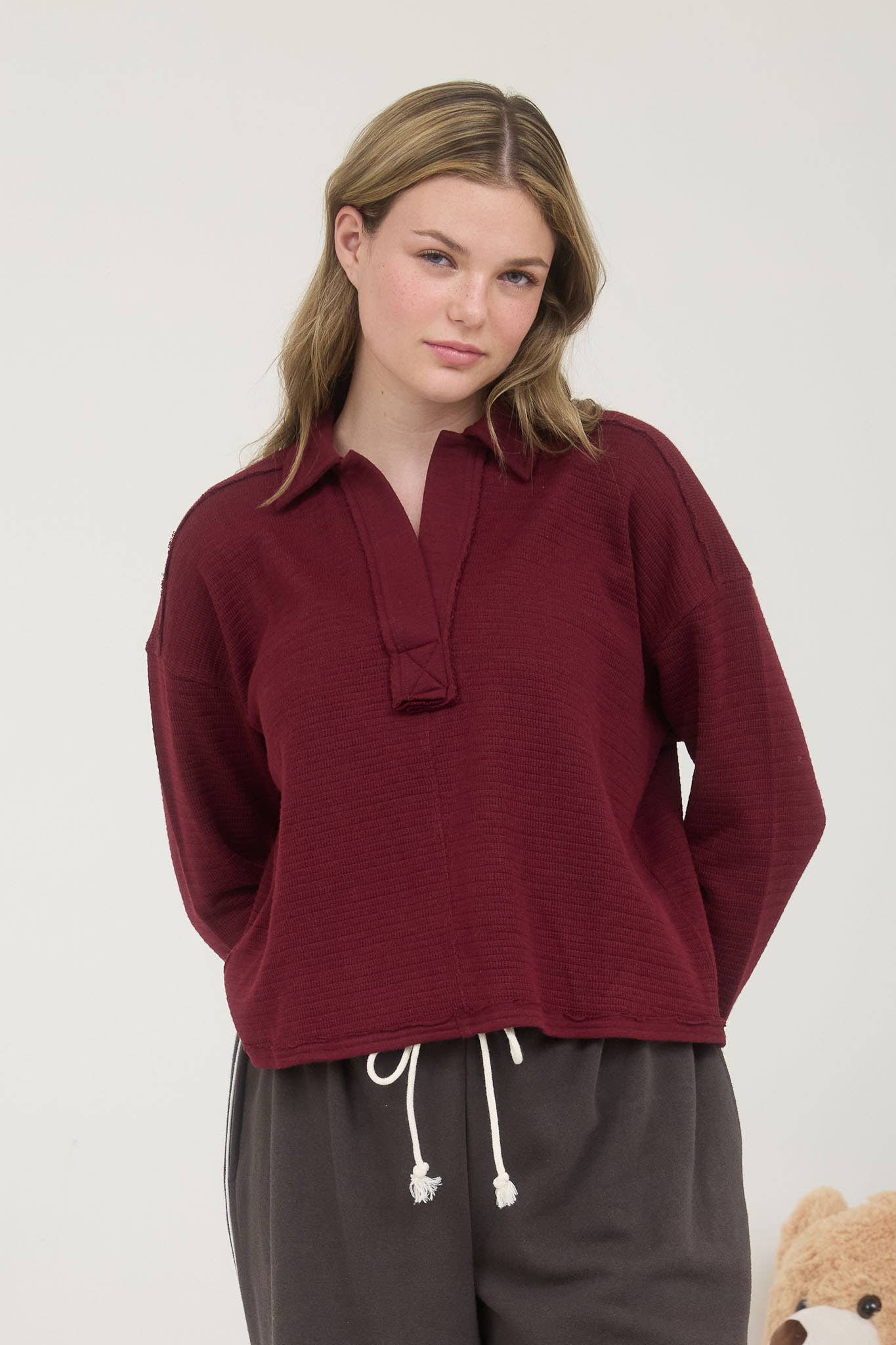 J.O.A - Wholesale Knit Top - Women's - EXPOSED SEAM LONG SLEEVE TEXTURED KNIT POLO0