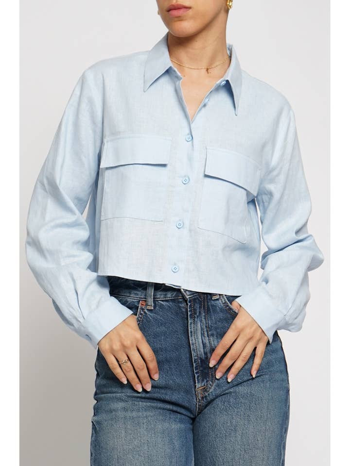 LONG SLEEVE CROPPED BUTTON DOWN LINEN SHIRT for wholesale by Sans Souci
