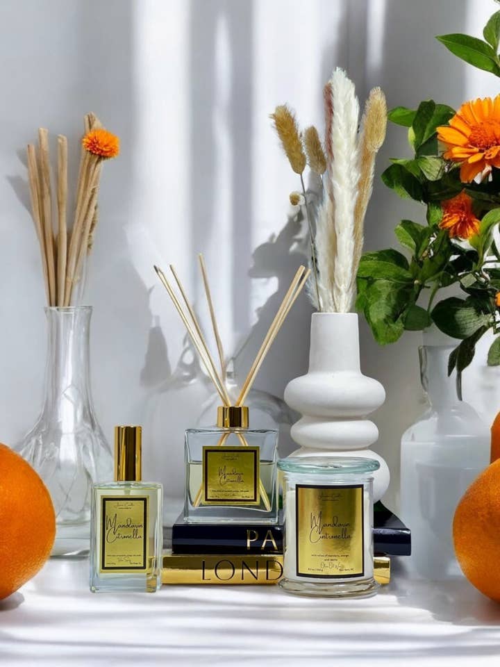 Mandarin Citronella Room Spray, Reed Diffuser, + Candle Gift Set for wholesale by Amana’s Candles