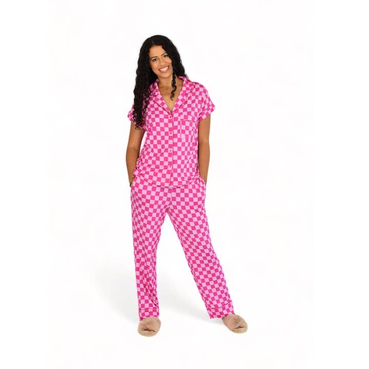 Luna Pyjamas-Set mit kurzen Ärmeln und langen Hosen, kariert, Rosa für den Großhandel von Cozy Ups