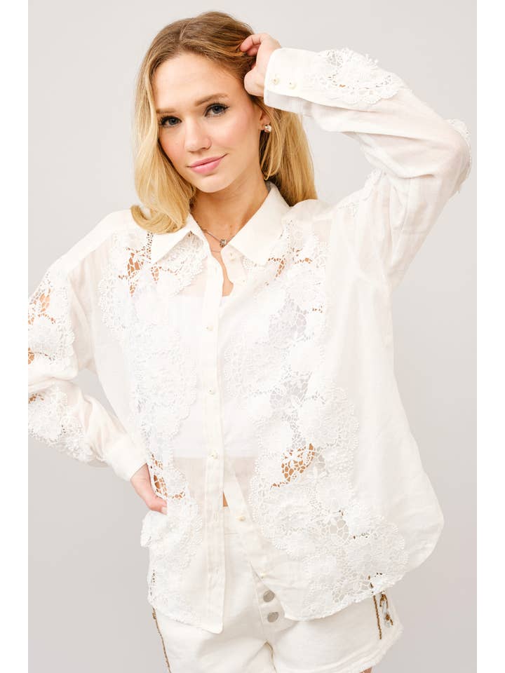 OFF WHITE 41001T - Crochet Lace Linen Blend Button-Up Blouse for wholesale on Faire3