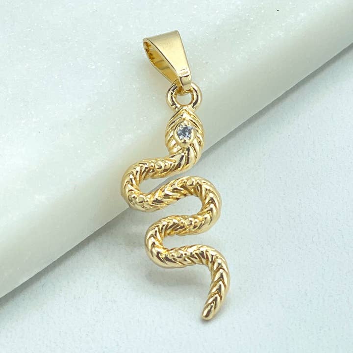 18k Gold Filled Texturized Snake Shape with Clear Cubic Zirconia Eyes Charm Pendant, Wholesale Jewelry Making Supplies for wholesale by DIJU Jewelry