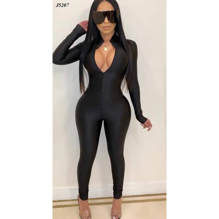 Uptown Apparel - Wholesale Jumpsuit - Women's - J5207 Shiny Front Zipper Stretch Catsuit