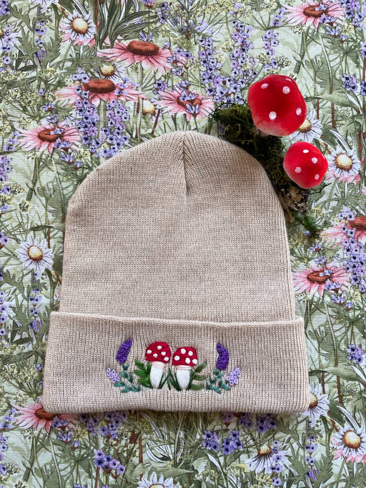 Spring mushroom beanie for wholesale by Botanical Threads