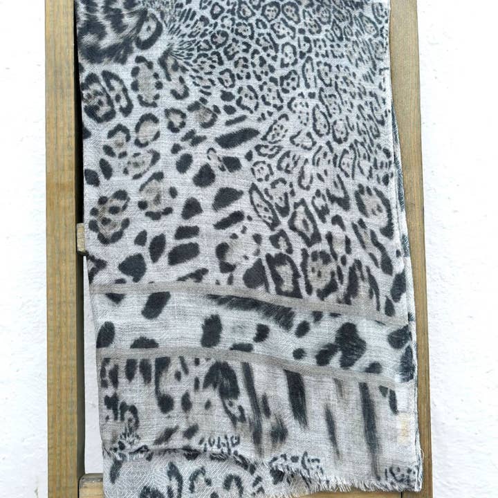 Himalayan Leopard Print Wool Scarf/Wrap Grey for wholesale on Faire