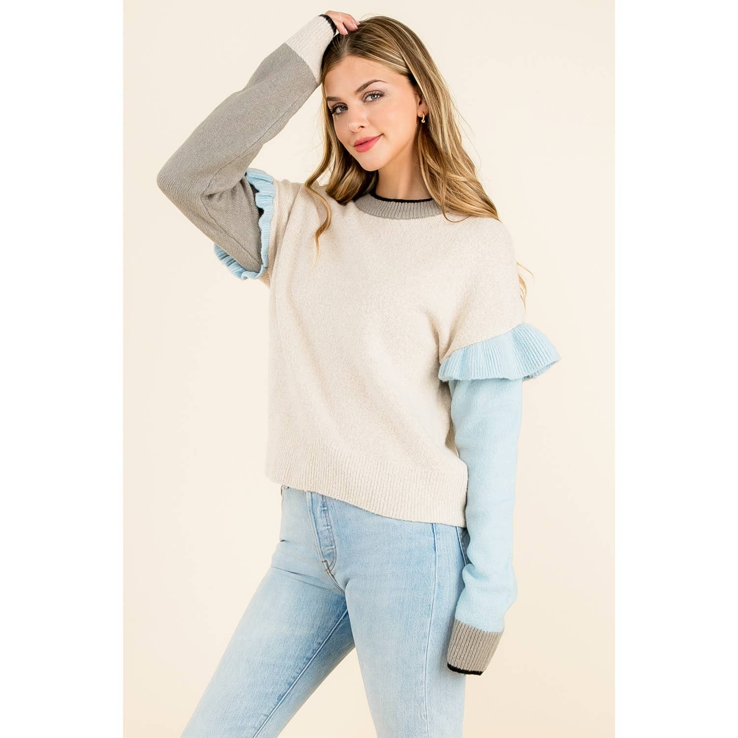 BEIGE Maglione a blocchi di colore con maniche a balze in vendita all'ingrosso su Faire5