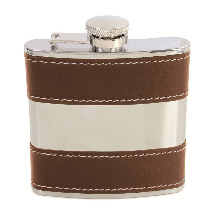 Hip Flask Brown 6oz Shiny Stainless Steel Centre for wholesale by Dalaco - incorporating David Aster