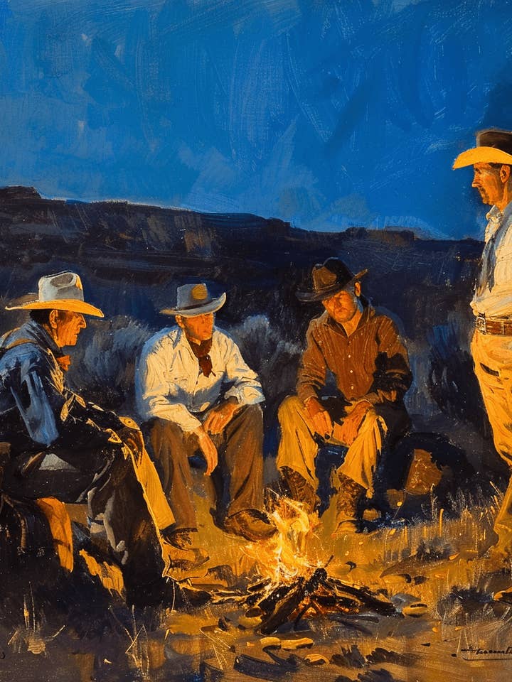 Rustic Cowboy Campfire 8"x8" Art Print for wholesale by Mowbi