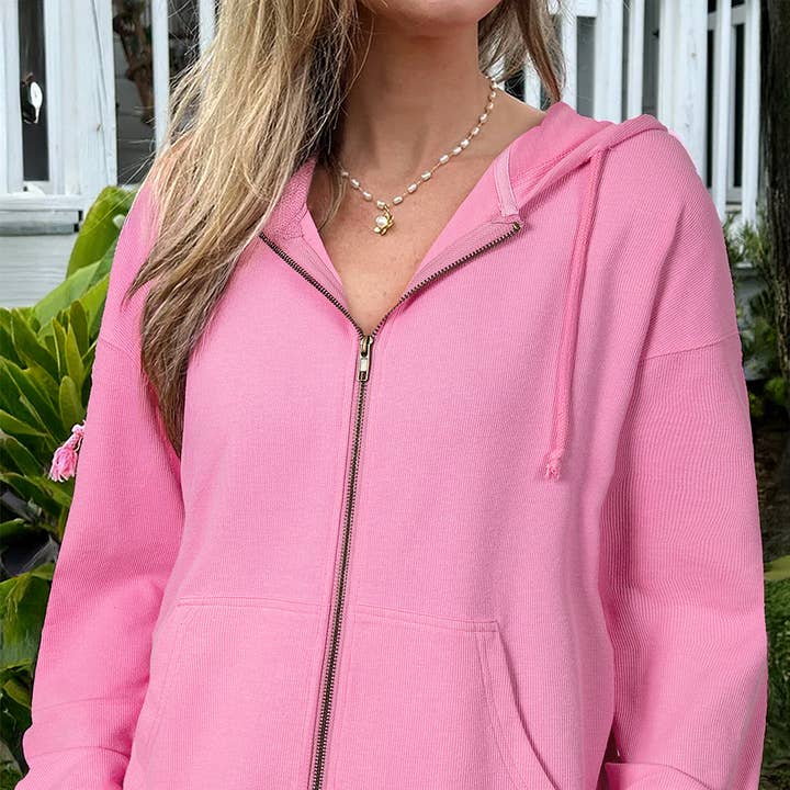 Sachet Pink Solid Color Ribbed Zip Up Drawstring Hooded Jacket and other Purchase Wholesale hoodie jacket. Free Returns & Net 60 Terms on Faire trending on Faire.