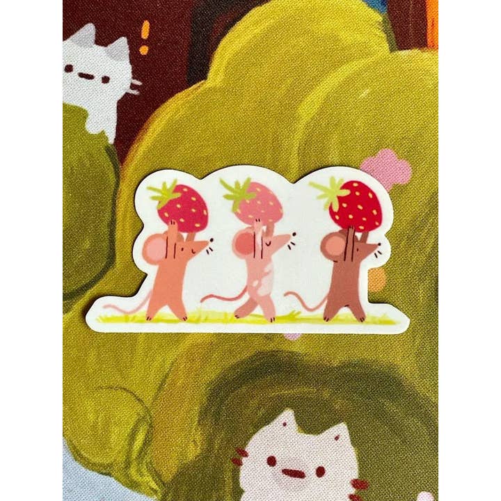 Paper Rat Illustrations - Wholesale Sticker - Strawberry Foragers Mice Matte Weatherproof Sticker