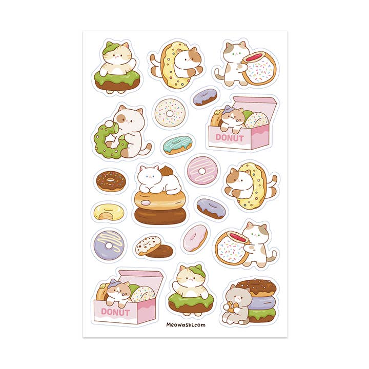 Stickerblad met Kat en Donut voor wholesale door Meowashi Studio