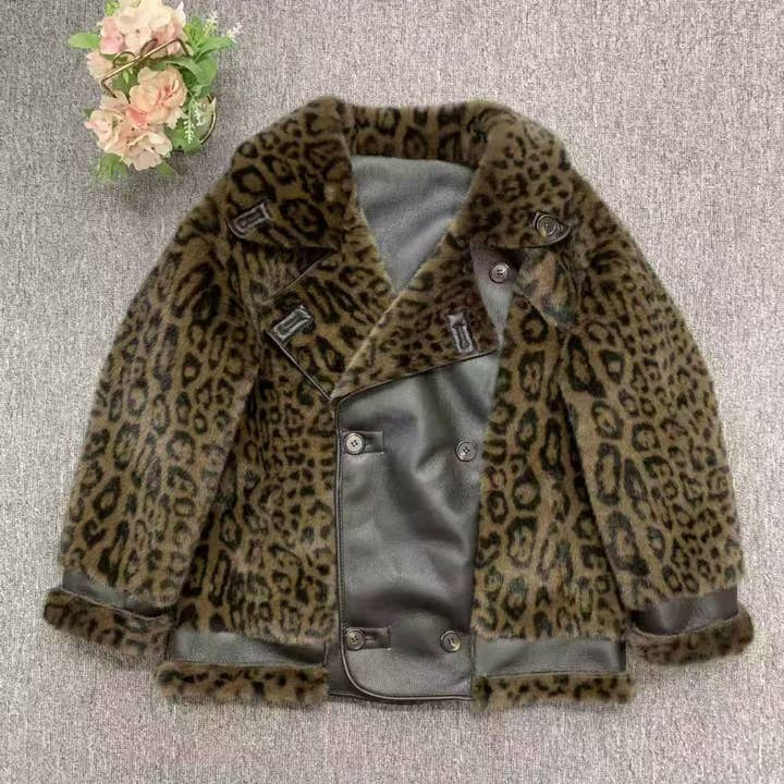Faux Fur Leopard Shearling Style Coat in Brown DH11 for wholesale by PEACH ACCESSORIES